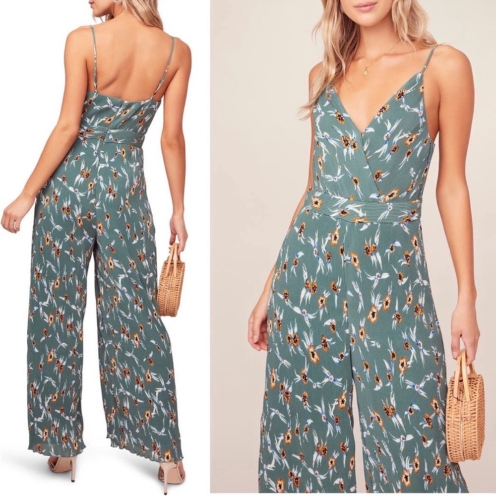 ASTR The Label Plisse Floral Wide Leg Jumpsuit Pleated Teal